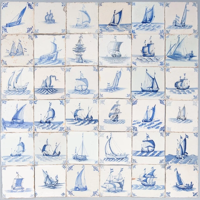 Nice field of 36 Dutch Delft Blue tiles, sailing ships, 17th century.
