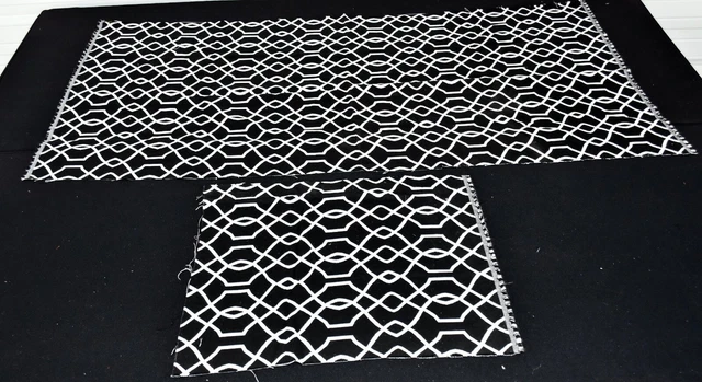 Vintage Black White Geometric Upholstery Fabric Remnant 56" x 30" + 19" x 21"