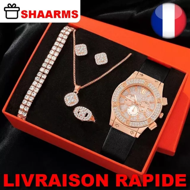 Montre Bracelet Rose Collier Bague Boucle d'oreilles Bijoux Femme Strass Cadeau