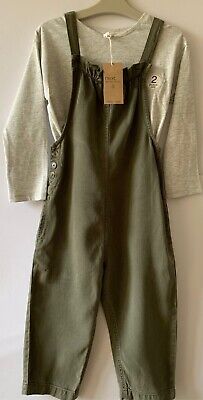 Girls NEXT 2 Piece Tencel Khaki Dungaree Outfit/Set RRP £29  in Ages 6 or 7