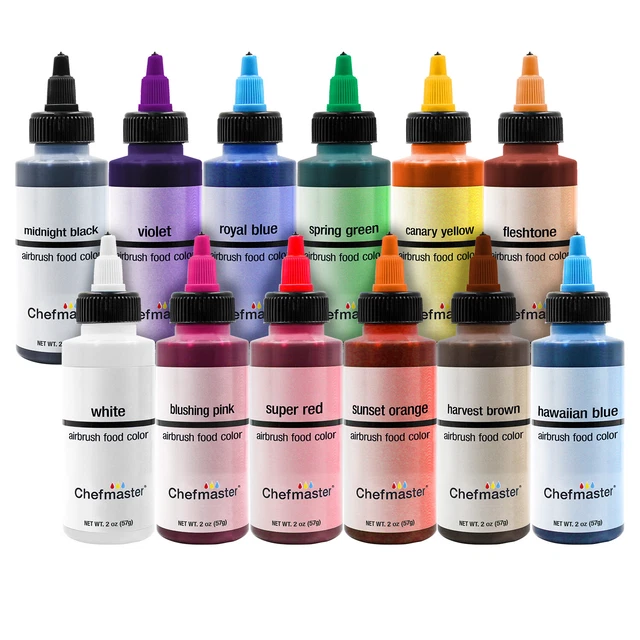 Juego de colorantes alimentarios aerógrafo Chefmaster - 12 colores más populares 2 fl. oz. Botellas