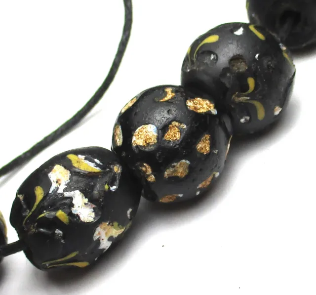5 Rare Well Worn Old Black Mixed Floral/ Eye Venetian African Antique Beads