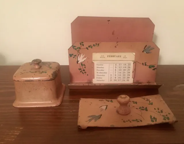 Antique French Metal Tin HandPainted Desk Set Perennial Calendar Blotter