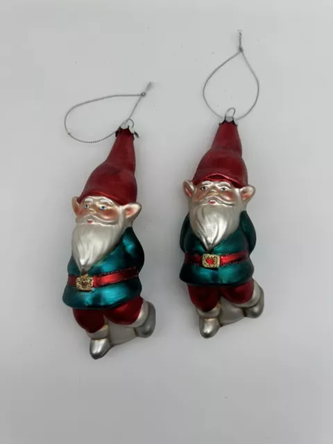 (2) Elf Gnome Blown Glass Colorful Christmas Ornament Set 9"