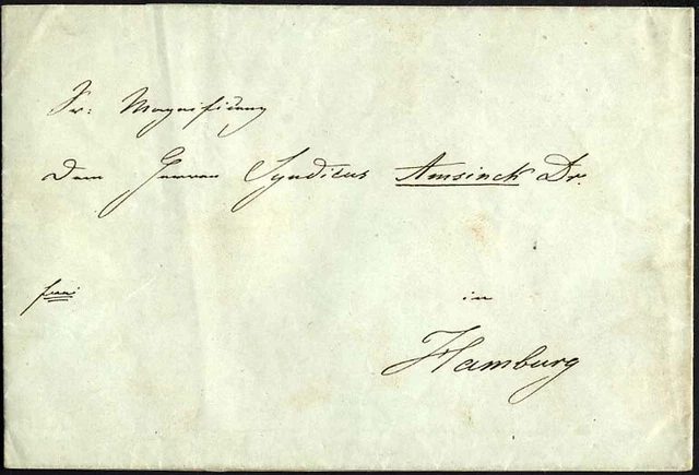 HAMBURG 1846, sogenannter Hunderter-Brief ohne Taxevermerk an den Syndicus Amsin