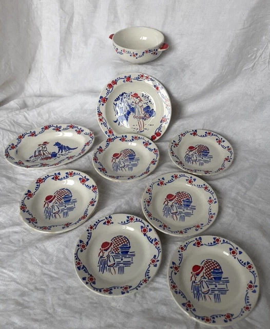 Ensemble Dinette Ancienne Petit Chaperon Rouge - 37 Pièces Faience Creil Et Montereau (vers 1920)