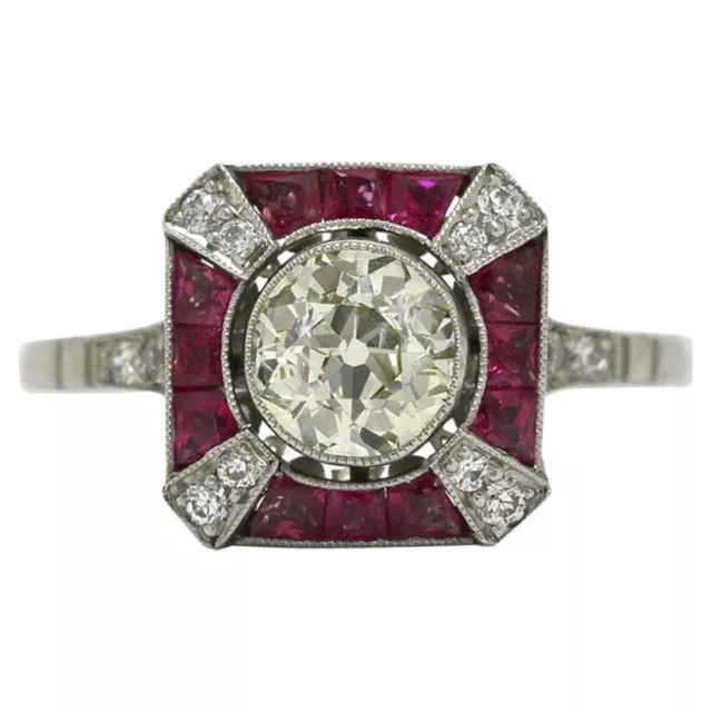 Art Deco Old European Cut Lab Created Diamond & Ruby Engagement 925 Silver Ring