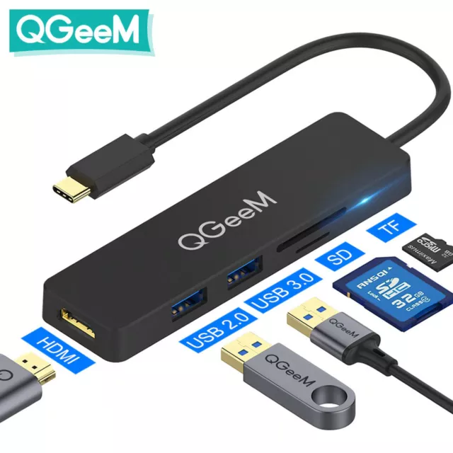 QGeeM : Adaptateur Hub USB-C, 5 Ports (HDMI 4K, USB 2.0, USB 3.0, SD, TF) -Noir-