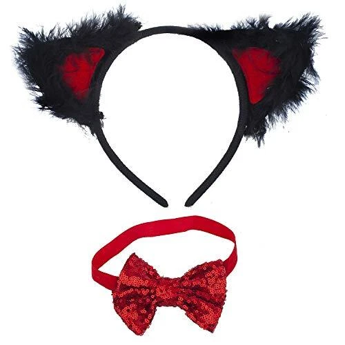 Black Red Furry Cat Ears Red Sequin Neck Bow Party Accessories