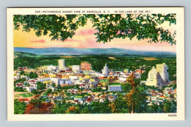 Asheville NC-North Carolina, Picturesque Aerial Sunset City View, Linen Postcard