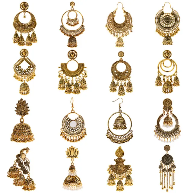 Vintage Women Gold Silver Dangle Hollow Geometric Ethnic Earrings Indian Jewelry