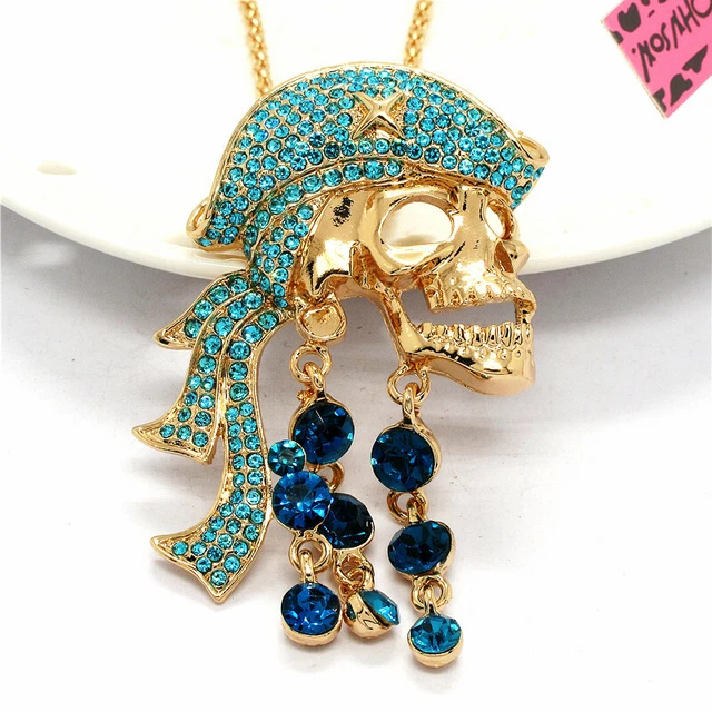 Betsey Johnson Bling Rhinestone Blue Pirate Skull Crystal Pendant Chain Necklace