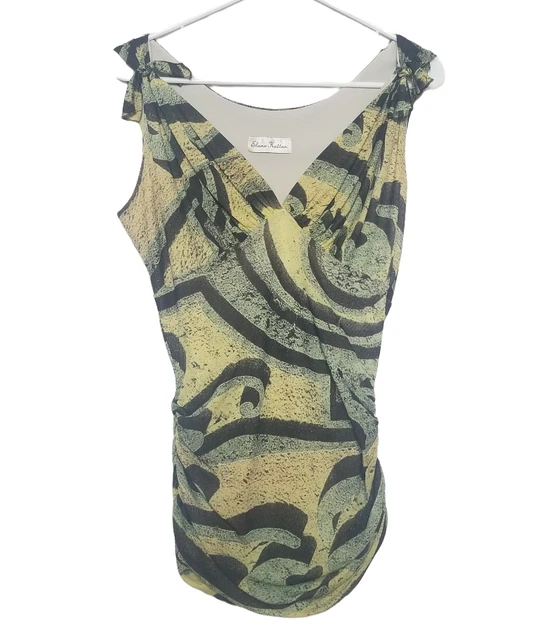 Elana Kattan Womens M Sleeveless Top Ruched V-Neck Green Yellow Black