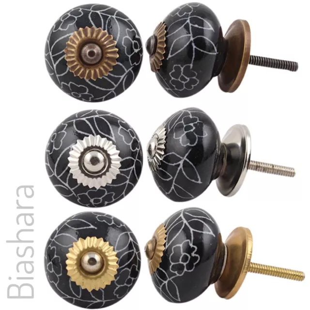 Black CERAMIC DOOR KNOB Cupboard Handles Cabinet Drawer Floral Vintage Solid