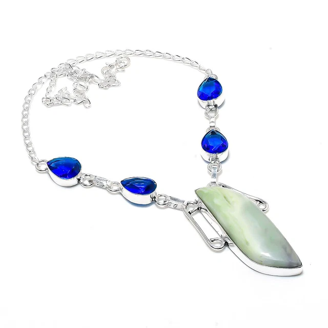 Swiss Green Opal, Blue Topaz Gemstone Handmade Gift Jewelry Necklace 18" h171