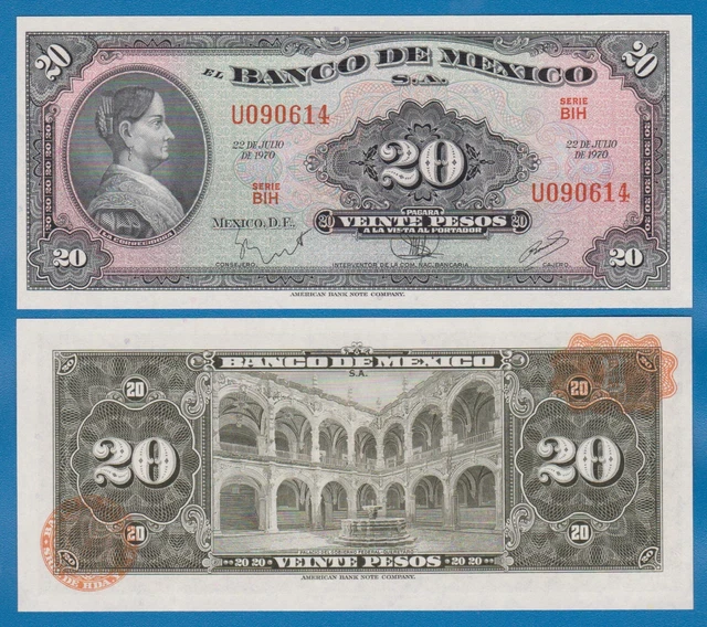 Mexico 20 Pesos P 54p 1970 UNC "BIH" Serie ( P 54 p )