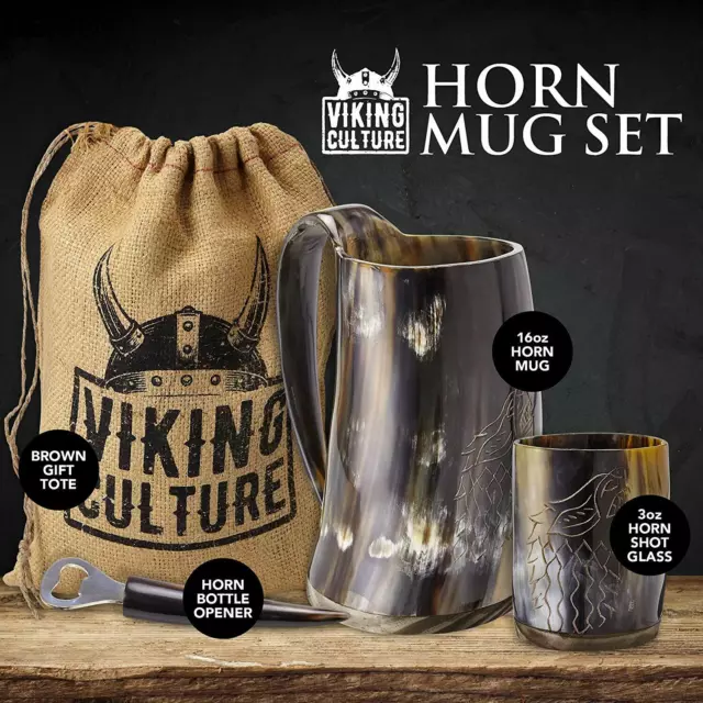 Viking Culture Ox Horn Mug, Shot Glass,and Bottle Opener (3 Pc. Set) "Fenrir" 2
