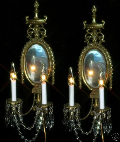 Pair  Vintage Bronze Brass French Mirror Crystal Sconce candle lamps Antique old