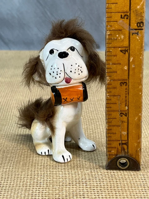 Vintage Dog Figurine Rescue Barrel Japan Ceramic Fur 4.5" St. Bernard C2