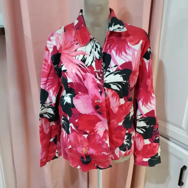 Chicos Size 1 Ladies Pink Black Beaded Floral Cotton Jean Jacket B71