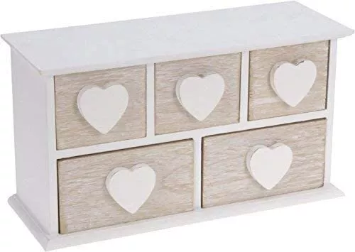 Pequeño joyero de madera con 5 cajones, corazón de madera blanco, caja de a