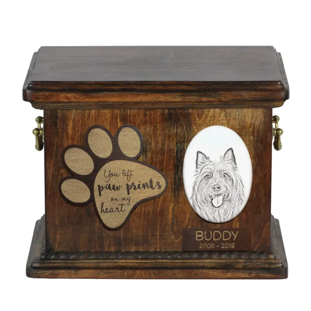 Australian terrier - Urn for dog’s ashes with ceramic plate and description USA