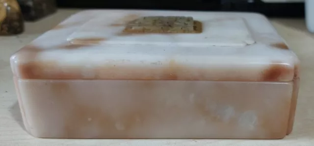 Japanese Antique Hand Carved Pink Marble Scholar's Box With Jade Panel 1920s