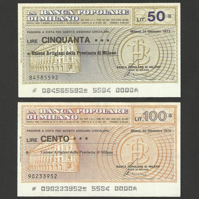 2x BANCA POPOLARE MILANO ARTIGIANI 50 100 L. MINIASSEGNI 1977 1976 ITALY NOTGELD