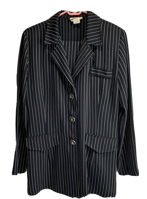 Point Of View Suit Womens L Black White Striped Sharkskin Poly 2 Pc Pants Jacket