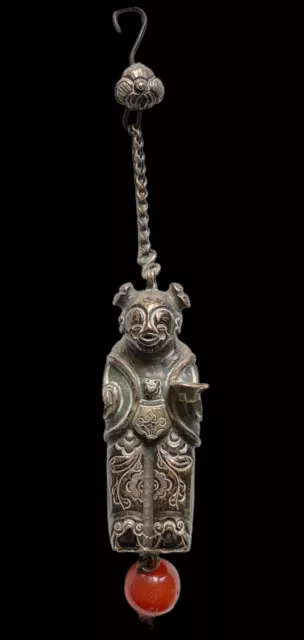 Rare Chinese Qing Dynasty Silver And Carnelian Bead Figure Amulet Charm Pendant