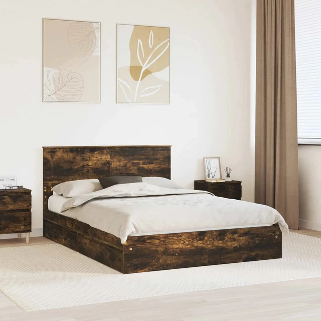 BED FRAME WITH Drawer Smoked Oak 140 x 190 cm Engineered Wood vidaXL £ ...