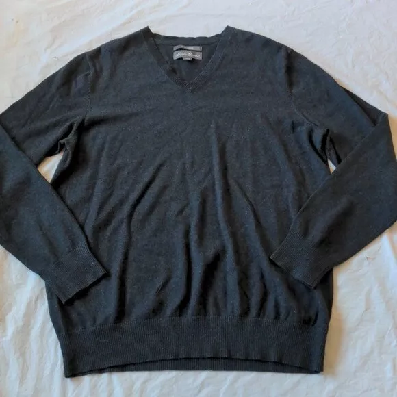 EDDIE BAUER COTTON Cashmere V Neck Gray Pullover Sweater Size TXL $20. ...