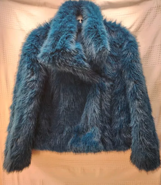 Simply Vera Wang Faux Fur Coat Short Med Oversized Teal Green Collared