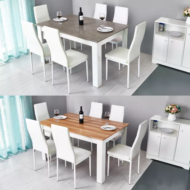 Mondeer Wooden Dining Table Set Grey and Oak with 6 Faux Leather Chairs Kitchen