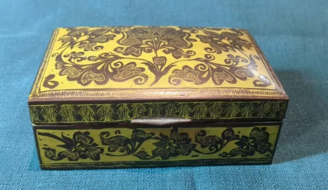 Brass Wood Lined Trinket Cigarette Key Box Embossed Etched Flowers Bottom Signed