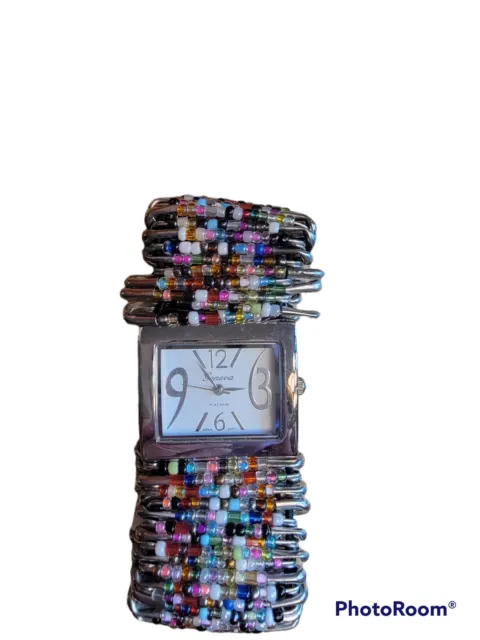 Woman's Watch W/ Handmade Stretch Band Made Out Of Colored Beads On Safety Pins