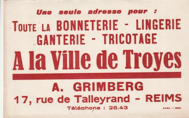 A53 Ancien Buvard A LA VILLE DE TROYES MAGASIN A GRIMBERG RUE  TALLEYRAND REIMS