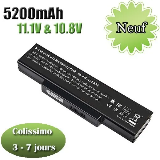 Batterie 10.8v 5200mAh Laptop Li-ion pour ASUS 70-NZYB1000Z A32-K72 A32-N71 A73S