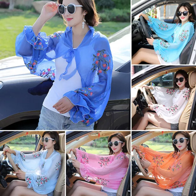 Summer Women Ruffle Chiffon Long Sleeve Scarf Shawl Embroidery Sunscreen