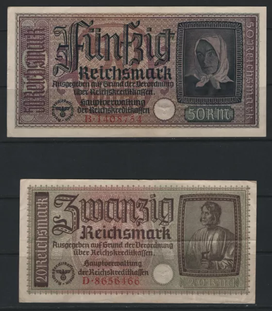 Germany Occupied Terr. 1940 20 & 50 Reichsmark 2 Banknotes Vf - Aunc P-R139 &140