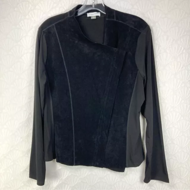 Calvin Klein Women's Black Faux Suede Asymmetrical Gold Zip Jacket Size Large