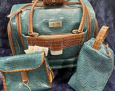 Samantha Brown Croco Embossed Rolling Carry-It-All Bag-Sea Glass Green/Camel-NWT