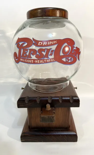 Vintage PEPSI-COLA Gumball Machine GLASS GLOBE WOOD BASE CANDY DISPENSER 13”