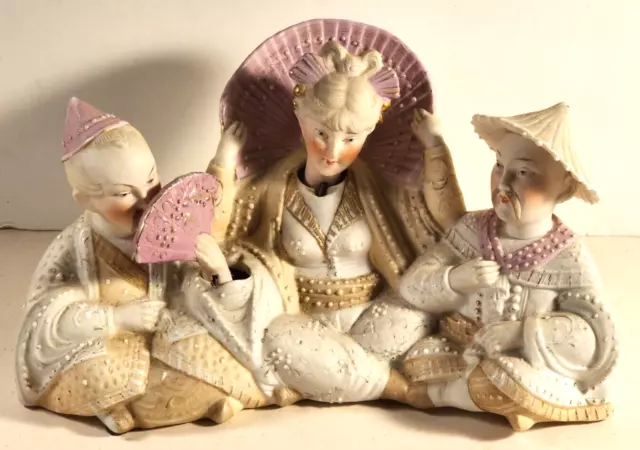 Antique Oriental Nodder Bisque Porcelain Figurine (2 Men & 1 Woman Sitting)