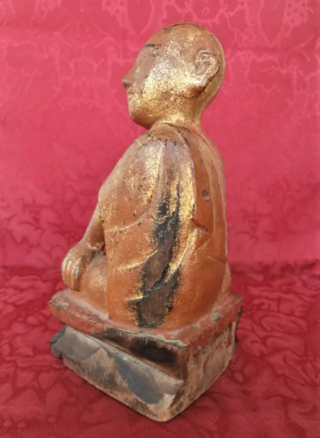 Buddha Disciple Sariputra 19th C. Carved Gilt Wood Statue Burmese Buddhist Art 8