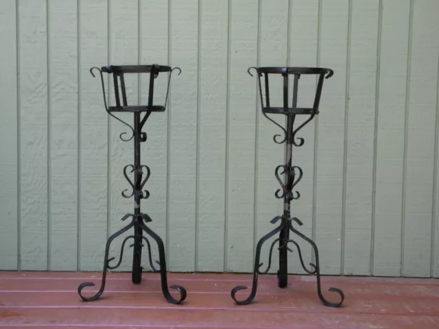 Vintage Pair Gothic Style Black Iron Plant Stands Patio Planters