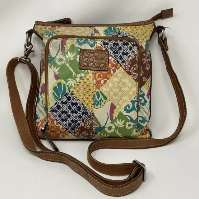 Fossil Crossbody Purse Shoulder Messenger Bag Floral Patchwork DesignLeather Zip