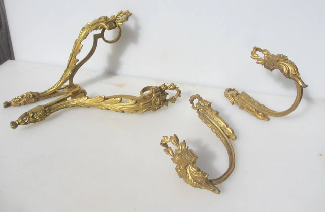 Victorian Brass Curtain Pole Brackets Holders Rail Old Antique Tie Backs Hooks