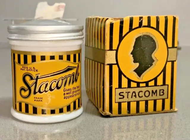 Antique 1921 STACOMB Barber Mens Hair Cream Pomade Milk Glass Jar & Original Box
