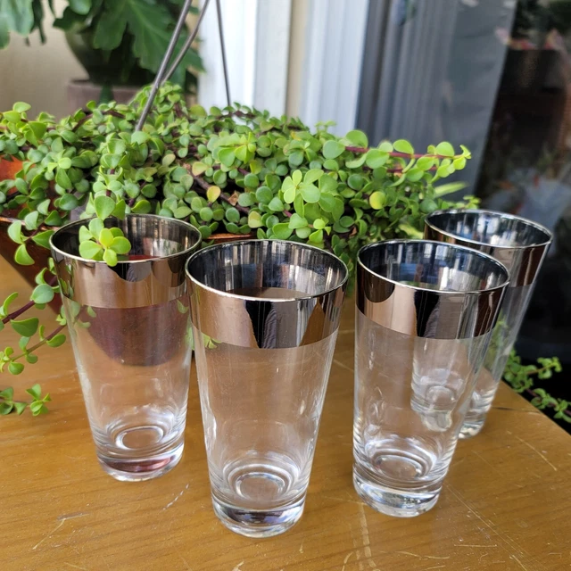 Vtg Retro Dorothy Thorpe Barware Highball Glass Silver Rim Mad Set of 4